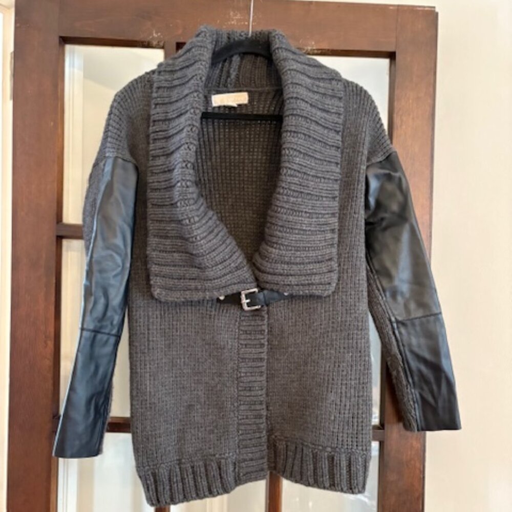 Michael Kors Gray Knit Cardigan with Faux Leather Detail, Size Small